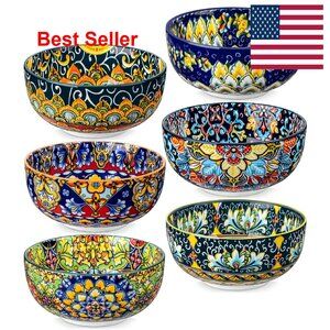 Bohemian Ceramic Bowl Set of 6, Microwave & Dishwasher Safe, Vibrant Decor